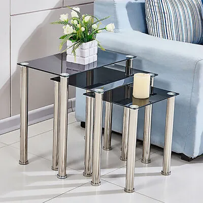 £55.99 • Buy Square Nest Of 3 Tables Glass Nested Side End Tables Set Black Modern Home Decor