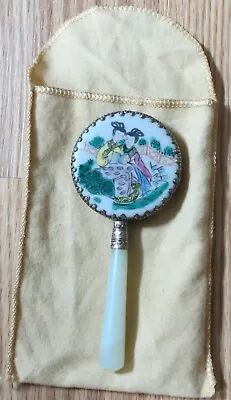 Vintage Oriental Asian Small Hand Mirror Porcelain Hand Painted Jade Handle  • $22