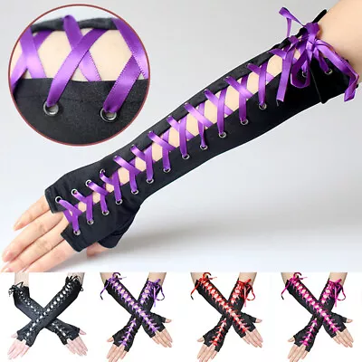 US Women's Gothic Steampunk Punk Long Lace-up Fingerless Lace Gloves Halloween • $6.29