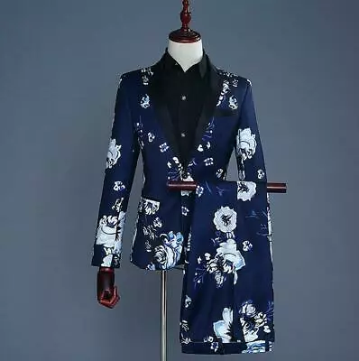 Mens Floral Printed Formal Wedding Suit Coat+Pants Slim Fit Stage Clothing 2pc • £62.76