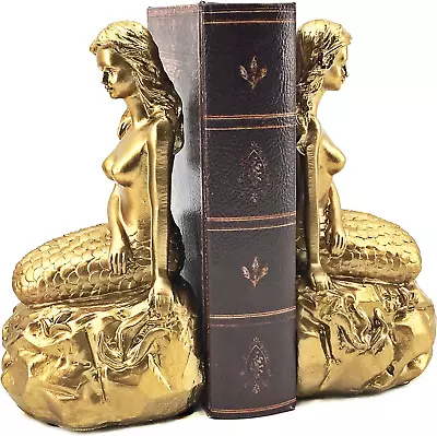 Bellaa 23460 Mermaid Bookends Nautical Coastal Sailor Book 7 Inch Tall Golden • $50.41