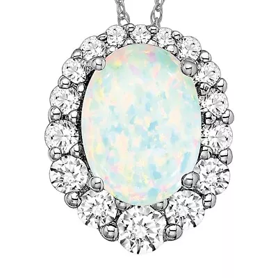 14K White Gold Oval Created Opal Diamond Halo Floating Open Chain Slide ... • $834