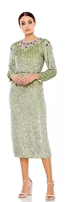 NWT Mac Duggal 93568 Sequins Beaded Tea Length Midi Dress Sage Green 6 • $220