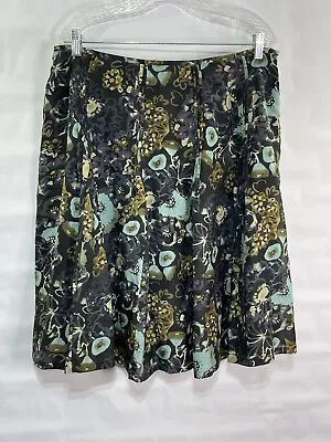 J Jill Women’s Sz 16 Black Floral 29% Silk Pleated Side Zip A-line Skirt • $35.99