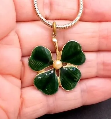 Vintage Irish Shamrock 4 Leaf Clover Green Enamel Pearl Pendant Bracelet 7 1/4  • $7.99