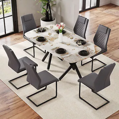7PCS Dining Set Rectangular Faux Marble Glass Tabletop Table W/ 6 PU Chairs Gray • $739.99