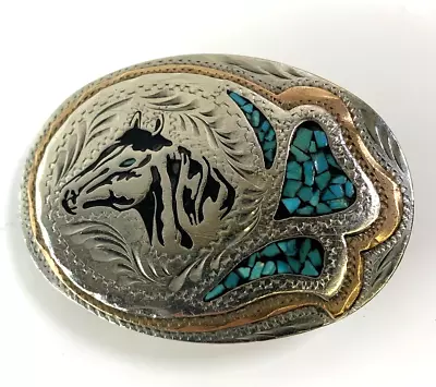 70s Wil Aren Handmade Silver Turquoise Brass Quarter Horse Western Belt Buckle • $124.88