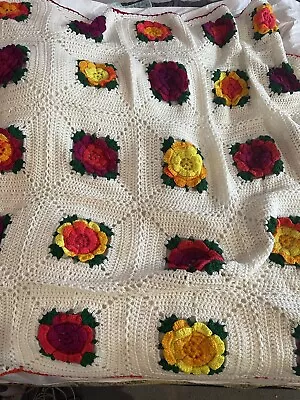 Handmade 3D Flower Granny Square Afghan Throw Crochet Blanket 57X60” • $34.57