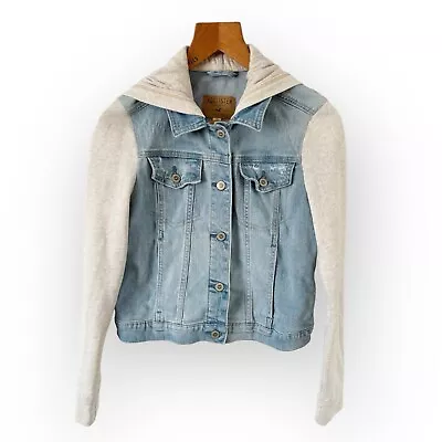 Hollister Denim Jacket Size M Light Blue Contrast Sleeve Hood Crop Summer READ • £12.99