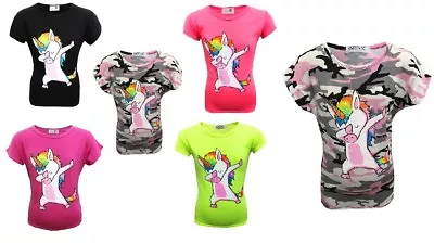 New Girls Kids Unicorn Summer Top Pink Camo Black Yellow Age 6 7 8 9 10 11 12 13 • £4.99