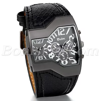 Men Unique Sports Military Army Dual Time Zones Quartz Leather Strap Wrist Watch • $14.99