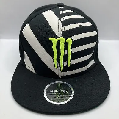 Monster Energy Drink M Logo Black & White Vinyl Front Fitted Hat Cap Size 7 1/4 • $22.49