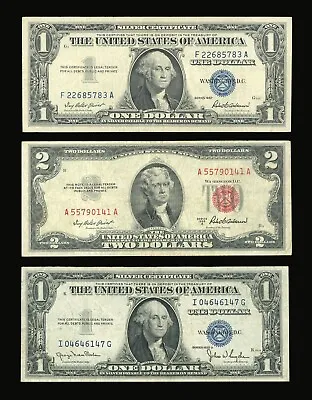 Set Of Old US Paper Money Silver Certificate $1 1957 $1 1935 $2 1953 Red Seal • $16.99