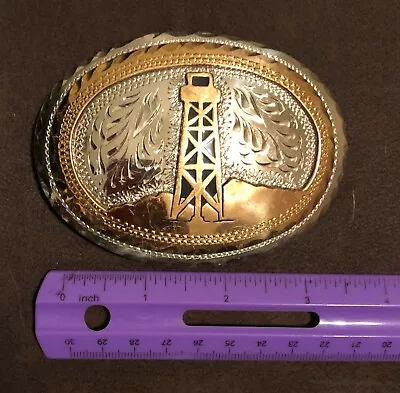 Vintage Wil Aren Original Brass Silver Plated Oil Rig 3 1/2  Western Belt Buckle • $35