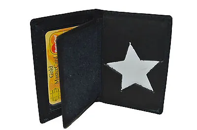 $12.99 • Buy Police Id Badge Holder Star Cutout New Black Genuine Leather Rare Style 