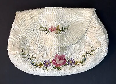 Vintage Beaded & Floral Embroidered Clutch Wristlet Handbag Button Loop Closure • $25