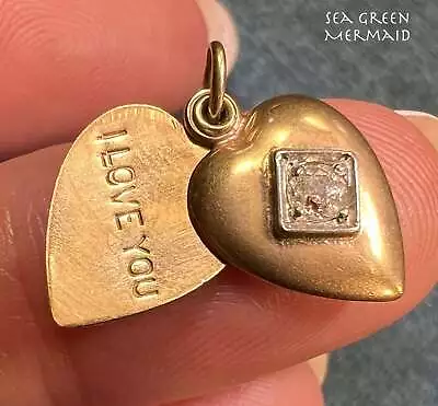 14k Gold Diamond Heart Sliding Locket Pendant.  I Love You  *TINY* • $369