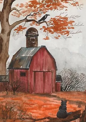 Aceo Print Of Painting Vintage Halloween Style Art Ryta Crow Black Cat Red Barn • $7.49