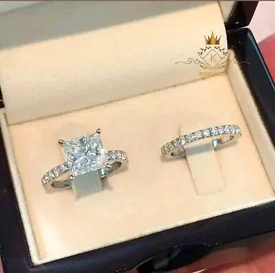 Moissanite Bridal Set Engagement Ring Solid 14K White Gold 3 Carat Princess Cut • $224.46