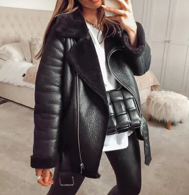 $85.84 • Buy Zara Black Faux Leather Shearling Fur Double Faced Biker Jacket Aviator Coat New
