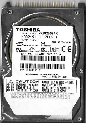 TOSHIBA (MK8026GAX) 80 GB HDD 2.5  16 MB 5400 RPM IDE Laptop Hard Disk Drive • $9