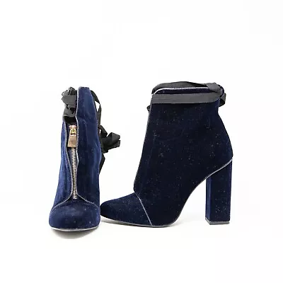 Zara Trafaluc Velvet Velour Zip Up Ankle Tie High Heel Booties Shoes Navy Blue 8 • $31.50
