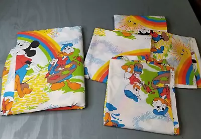 Disney Bedroom Set Twin Sheet Curtain Panels (4)  Mickey Mouse Donald Rainbows • $40.49