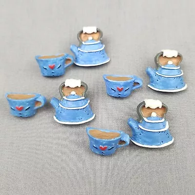 Vintage Blue Teapot & Heart Teacup Set Buttons Figural 3d Set Of 8  • $12