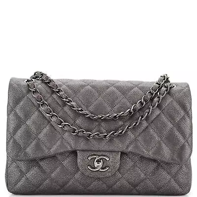 Chanel Classic Double Flap Bag Quilted Metallic Caviar Jumbo Silver • $4838.90