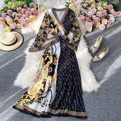 $45 • Buy Women's Dashiki Versace Medusa Dress Long Elegant Sleeve V Neck Luxury Plus
