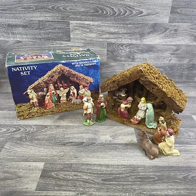 Vintage Large 11 Pcs Nativity Set Wood Stable & Ceramic Figures Christmas Xmas • $106.40