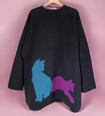 Maralyce Ferree Black Fleece Coat Teal Fuchsia Cat Plus Size Lagenlook Jacket • $59.99