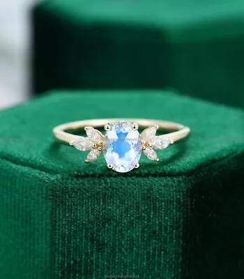 Anniversary Art Deco Fine Birthday Ring 14k Gold Moonstone Moissanite Gemstone • $505