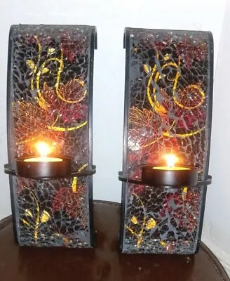 (Two)Wall Candle Sconce Mosaic Crackle Glass Metal Brown Wine • $40