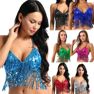 £7.19 • Buy IEFiEL Womens Shiny Sequins Belly Dance Top Halter Neck Tassel Bra Top Costume