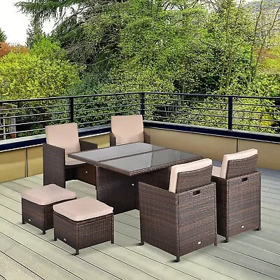 Outsunny 9PC Rattan Garden Furniture Set Wicker 4 Dining Chairs 4 Footrest Table • £504.95