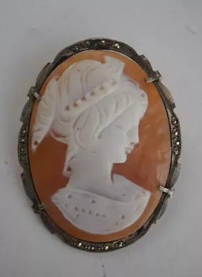 Antique 800 Silver Shell Cameo With Marcasite Pin / Brooch • $5.50