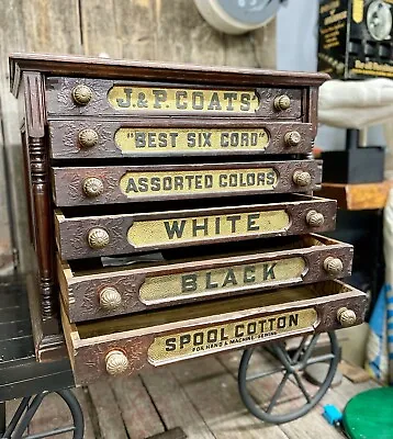 Antique 1890s Country Store J & P Coats Spool 6 Drawer Cabinet Floral Details 🔥 • $1575