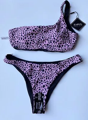 Zaful Pink Black Leopard Bikini Top & Bottoms Reversible Swimwear Set BNWT - 12 • £12.50