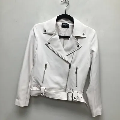 Tahari Womens Moto Jacket Beige Asymmetric Zip Pockets Collar Belted S New • $59.19