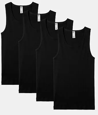 LAPASA 4 Pack Tank Top Vests Undershirt Size S Sleeveless Black 100% Cotton NEW • £11