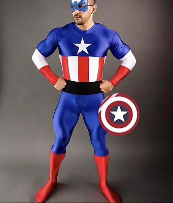 Mens Captain America Zentai Skinsuit Spandex Cosplay Costume Bodysuit M • $185.25