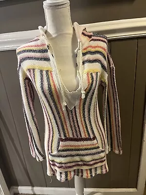 Boho Beach Hoodie Coverup Lightweight Stripe Pullover Pocket Vintage Havana M • $22.50