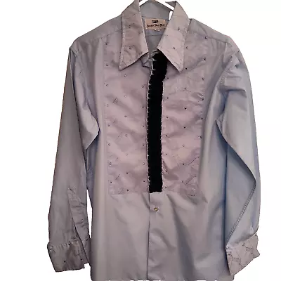 Vintage 1970s Light Blue Tuxedo Shirt W' Velvet Ruffles Size 16-33 / 46  Chest • $44.99