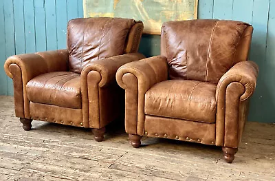 PAIR OF ANTIQUE VICTORIAN STYLE TAN BROWN LEATHER CLUB CHAIR ARMCHAIRS Delivery* • £495