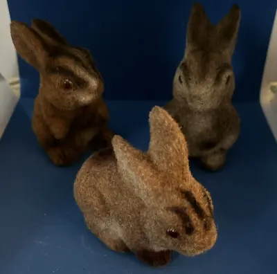 Vintage Flocked Bunny Made Hong Kong Lot Of 3 4” Easter Decor MCM Brown Eyes • $15.96