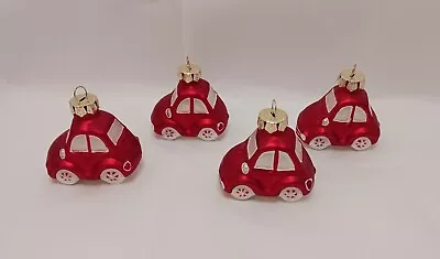 Christmas Ornaments Set Of 4 Glass Volkswagen Beetle Red Cars W/ White Glitter • $14.95