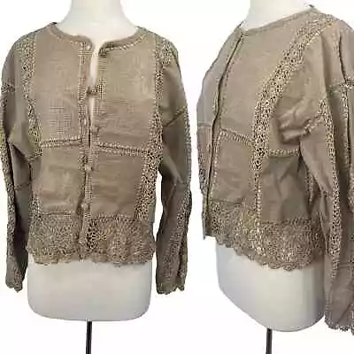 Vintage Leather Jacket Collarless Tan Textured Crochet Detail Button Up Womens L • $38