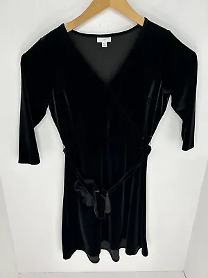 J Jill Black Velvet Faux Wrap Dress Size Petite Small 3/4 Sleeve Belted • $17.88