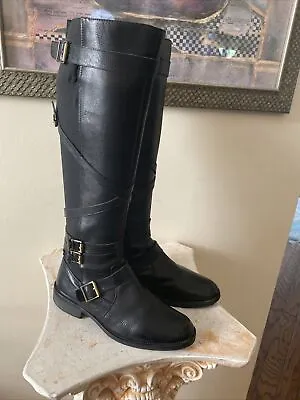Women's Miz Mooz Kira Black Leather Stretch Straps Buckle Riding Boots Sz  6 • $15.49